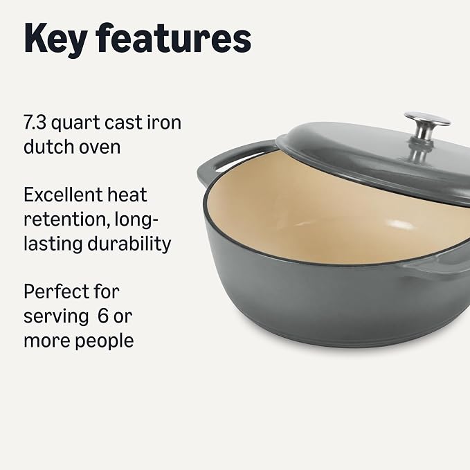 Amazon Basics Enameled Cast Iron Dutch Oven Pot with Lid, Round, Dual Handles, Heavy-Duty, Oven Safe for Stews, Roasting, Baking, 7.3-Quart, Gray