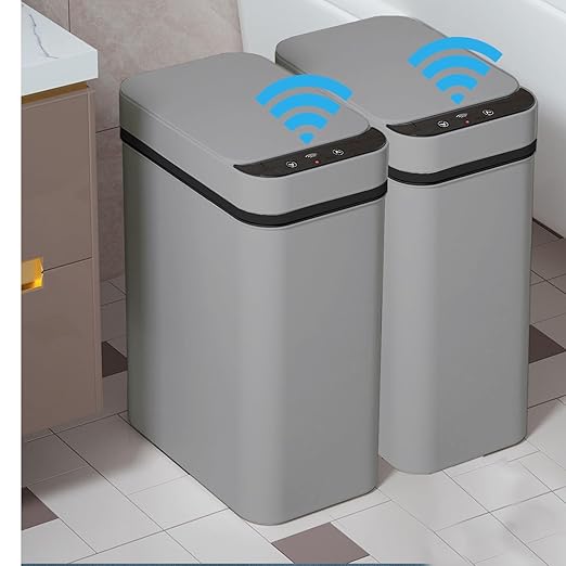 2 Pack - 2.5 Gallon Motion Sensor Bathroom Trash Can - Slim Smart Trash Can | Skinny Trash Bin with Lid - Electric, Narrow, Plastic, Auto Open - Small Automatic Garbage Can ( Grey )