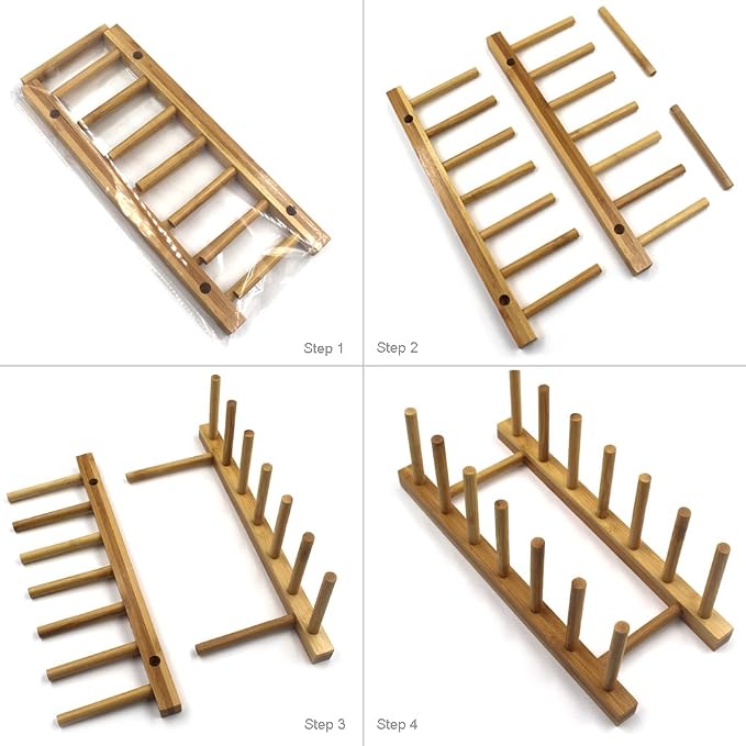 Bamboo Wooden Plate Racks Dish display Holder Kitchen Storage, Pack of 4 | Cabinet Organizer for Dish / Plate / Bowl / Cup / Pot Lid / Cutting Board/ Book (vertical)