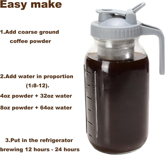 Cold Brew Coffee Filter with Pour Spout Lid for 32 OZ Wide Mouth Mason Jar, 304 Stainless Steel Strainer with Seal Ring for Iced Drinks, Sun Tea Infuser and Cold Brew Coffee Maker
