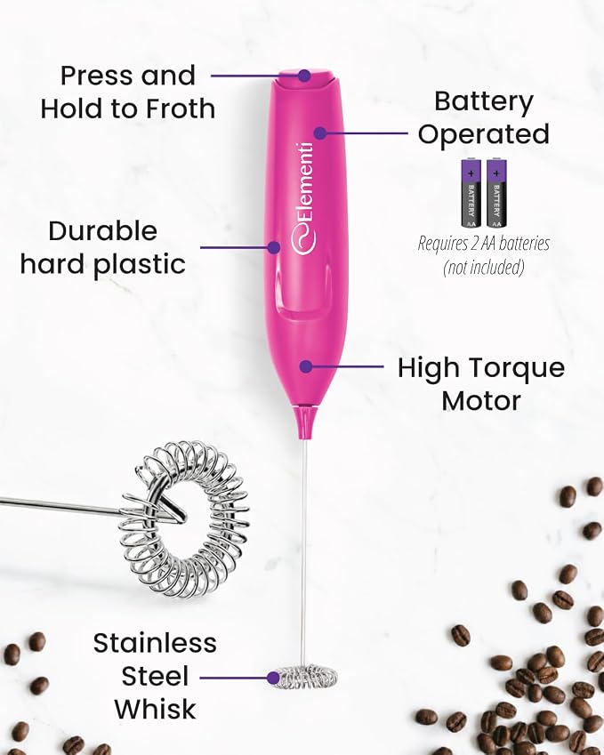 Elementi Pink Milk Frother Wand & Matcha Mixer, Mini Electric Whisk - Coffee Mixer Wand - Coffee Stirrers Electric Matcha Whisk (Hot Pink)