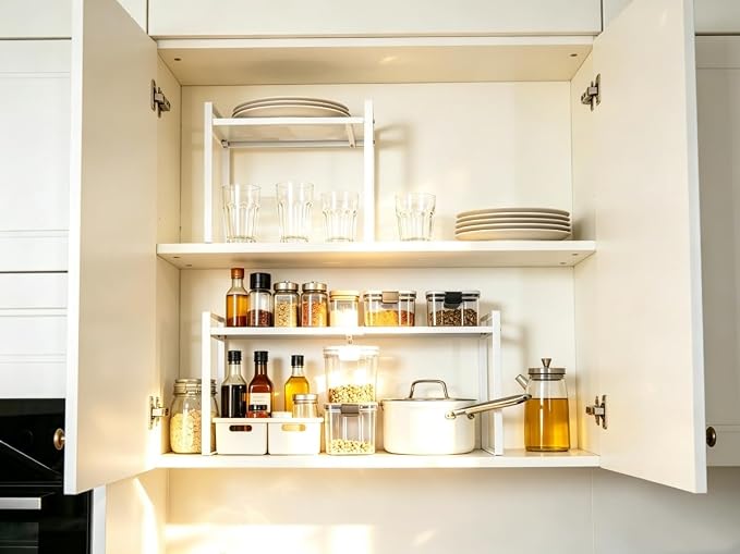 Expandable Cabinet Shelf Organizer Riser for Kitchen Pantry Cupboard Under Sink Countertop (White, 8.2’’D * 12.2-21.6’’W * 10.4’’H)