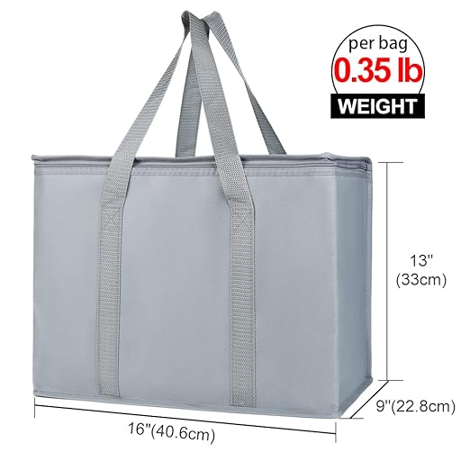 Bodaon 5-Pack Insulated Reusable Grocery Shopping Bags, X-Large Picnic Cooler Bag Cold, Insulated Food/Pizza Delivery Bag, Grey