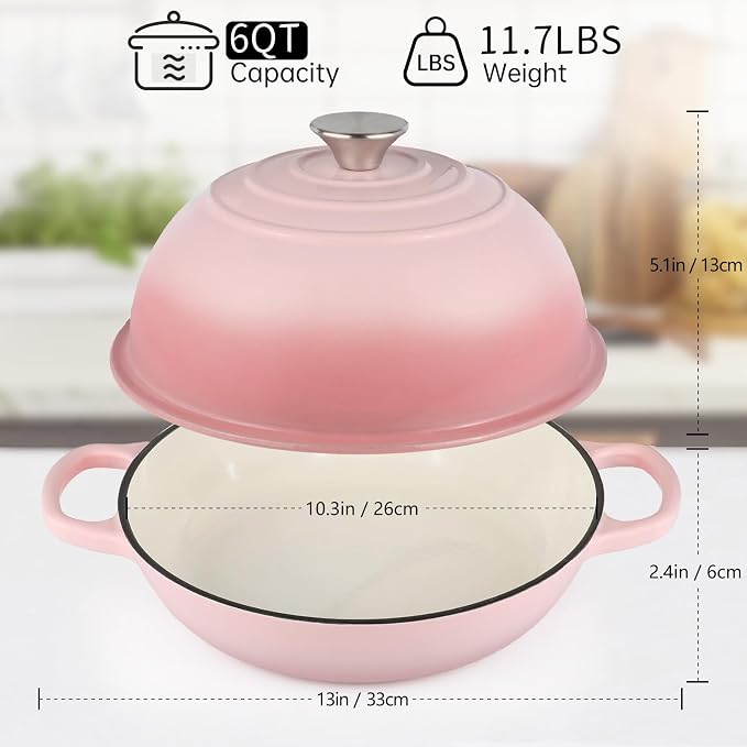 Enameled Bread Oven 10" Dutch Oven Pot with Lid Bread Dutch Oven Pink | for Sourdough Bread Baking, 6 Quarts Bread Pan with Dome Lid, Non-stick Cookware for Homemade Bread