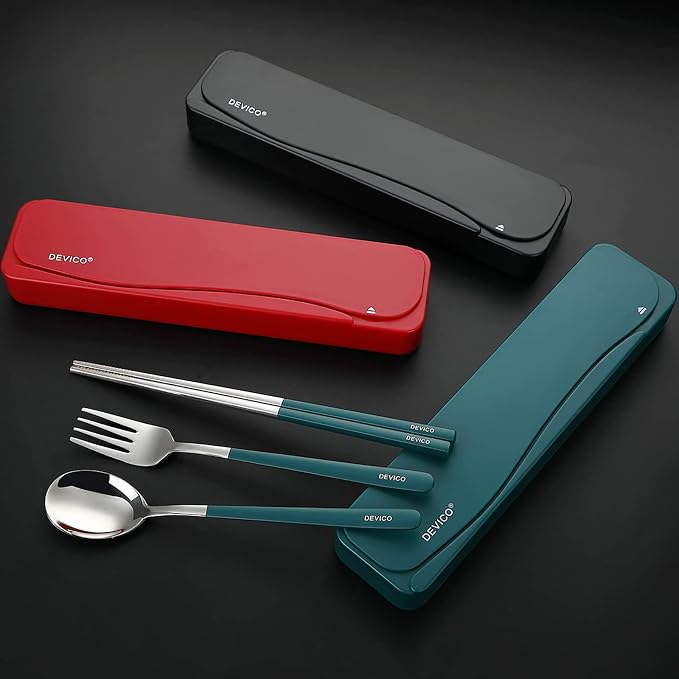 DEVICO Travel Utensils with Case, 4Pcs Portable Silverware Set for Work, 18/8 Stainless Steel Reusable Cutlery, Korean Spoon and Chopsticks Fork for Camping, School, Lunch Box Accessories (Dark Green)