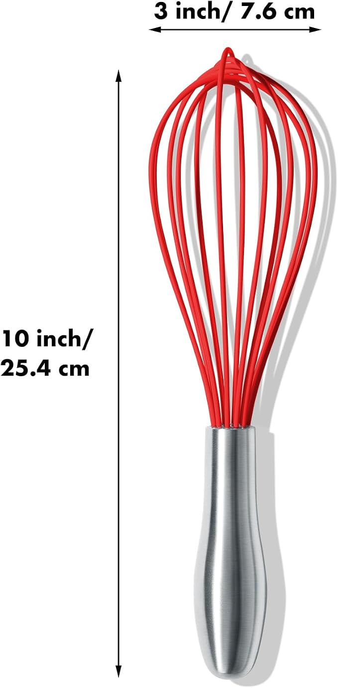 OYV 10-Inch Red Silicone Whisk, Non-Scratch, 18/10 Stainless Steel Handle | 480°F Heat Resistant, BPA-Free Silicone, Sealed Waterproof Handle, Nonstick-Safe, Dishwasher Safe
