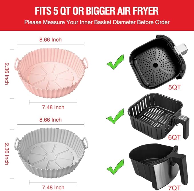 2 Pack Air Fryer Silicone Liners for 5 QT or Bigger,Silicone Air Fryer Liners Inserts,Replacement of Flammable Parchment Paper,Reusable Baking Tray Oven Accessories,Pink+Grey(Top8.66in, Bottom7.48in)