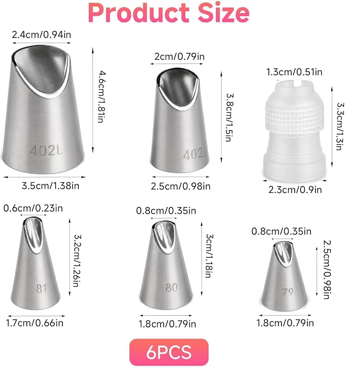 6 Pcs Cake Decorating Tips, Rose Flower Piping Tips Set with Coupler, 304 Stainless Steel Icing Nozzles for Buttercream Frosting, Cookie, Pastry, Dessert Baking for Home Bakers (79/80/81/402/402L)