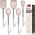 5Pcs Silicone Cooking Utensils Set, Heat Resistant Kitchen Tools Include Solid&Slotted Spatula, Cooking Spoon and Pasta Server, Silicone Kitchen Utensils set for Nonstick Cookware Flipping, Khaki