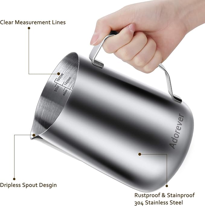 Milk Frothing Pitcher, 50oz Steaming Pitcher Stainless Steel Espresso Machine Accessories for Coffee Bar, Cappuccino Barista Tools Milk Jug Steamer Frother Cup with Decorating Latte Art Pen