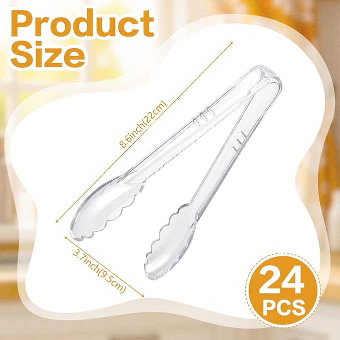 Mwellewm 24 Pc Plastic Tongs for Serving 9 Inch Bulk Reusable or Disposable Tongs Heavy Duty Hard Serving Utensils Set Large Salad Tong for Kitchen Party Food Buffet Appetizer BBQ Event Catering Clear