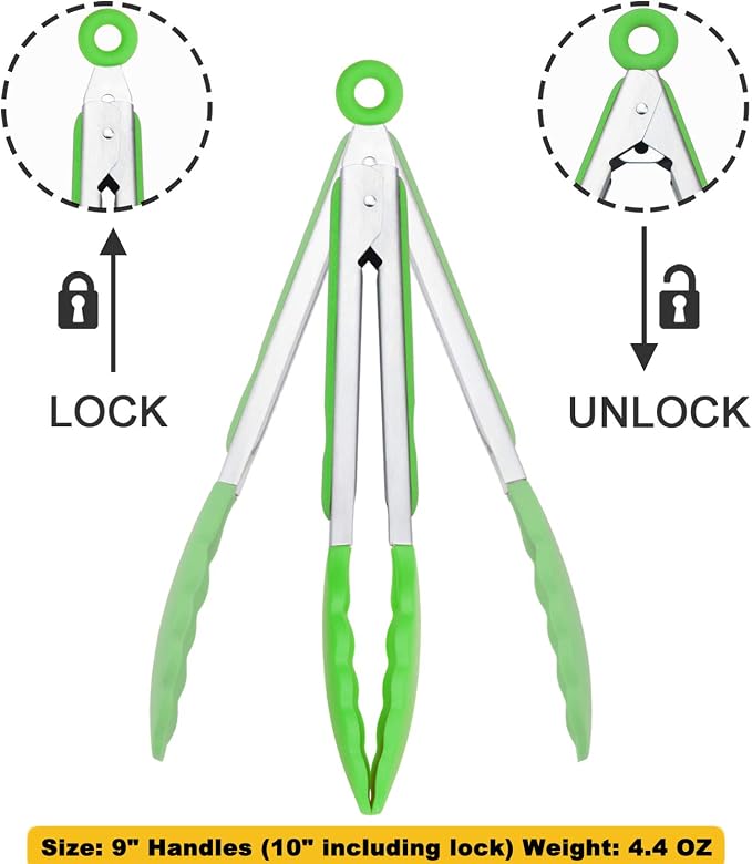HINMAY Silicone Tongs 9" Stainless Steel Kitchen Tongs, Set of 3 (Green)