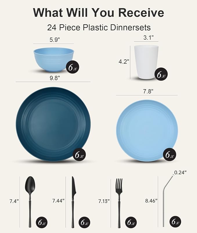 Quatish 48 Piece Plates and Bowls Sets for 6, Unbreakable Dinnerware Sets, Plastic Dish Set for Camping, Dishwasher Microwave Safe, Outdoor Kitchen and Apartment Dinning RV Essentials, Blue