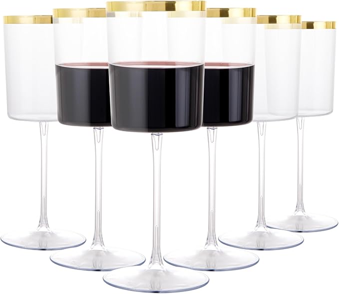 Ciaell 12 Pack Gold Plastic Wine Glasses for Weddings Outdoor Gatherings | 14 oz Gold Square Stemmed Cups, Heavy Duty Plastic, Wine Champagne Margaritas Whiskey for Parties Anniversaries Dinners