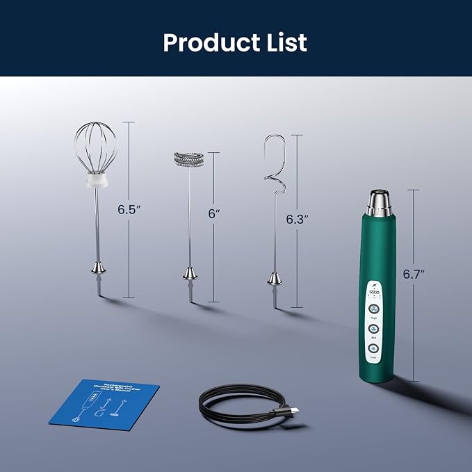 Milk Frother Wand Rechargeable Handheld Electric Whisk 3 Speed Adjustable | Coffee Frother Wand with 3 Stainless Whisks Electric Foam Maker Drink Mixer Blender for Latte Cappuccino Matcha Egg