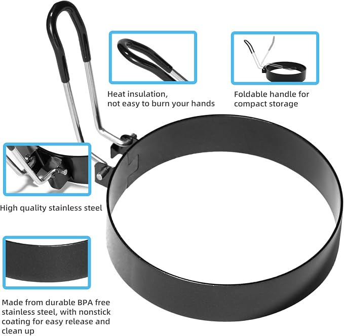 8 Inch Omelette Ring, 6 Inch Pancake Ring and 3.5 Inch Egg Ring | Upgrade 3 Pack Assorted Size Nonstick Stainless Steel Round Cooking Rings Molds with Oil Brush & Egg Separator for Griddle