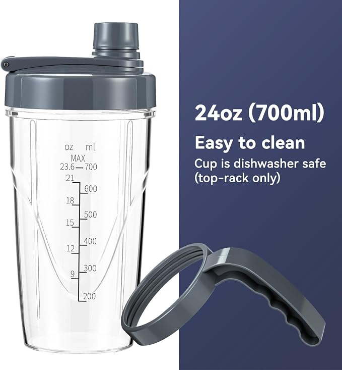 La Reveuse Personal Blender 1000Watts, (1) 24oz To-Go Cup, Gray, LARB2305 | Push to Blend for Frozen Shakes, Smoothies &Food Prep, 6-Leaf Blade, BPA-free Bottle with Portable Spout Lid, Dishwasher Safe