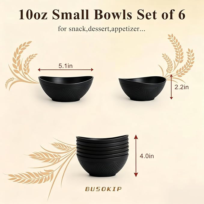 10oz Small Bowls, Unbreakable Wheat Straw Bowls Set of 6, Mini Bowl for Breakfast, Snack, Dessert, Salsa, Microwave Safe Plastic Bowls for Party, Camping, Picnic - Black