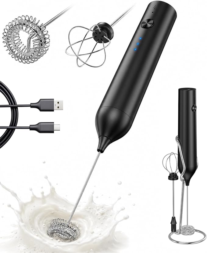 Rechargeable Milk Frother Handheld, hand mixer, Coffee Frother Handheld | Electric Frother Whisk with 3 Speeds, Portable Hand Drink Mixer with 2 Heads for Coffee, Lattes, Cappuccino, Eggs (Black)
