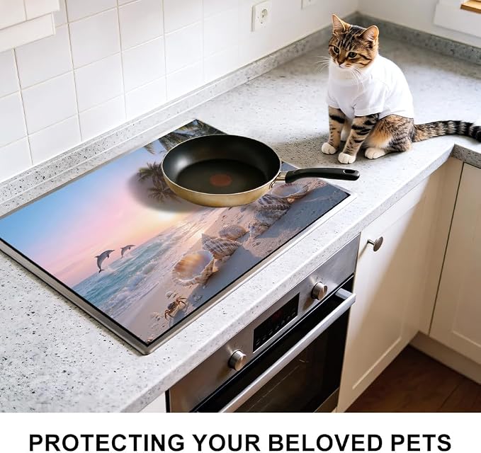Beach Stove Top Cover, Tropical Coastal Kitchen, 28x20 in | Sunset beach with dolphins, palm trees and seashells; non-slip mat; protects glass and electric cooktops; 28.4 x 20.5 in