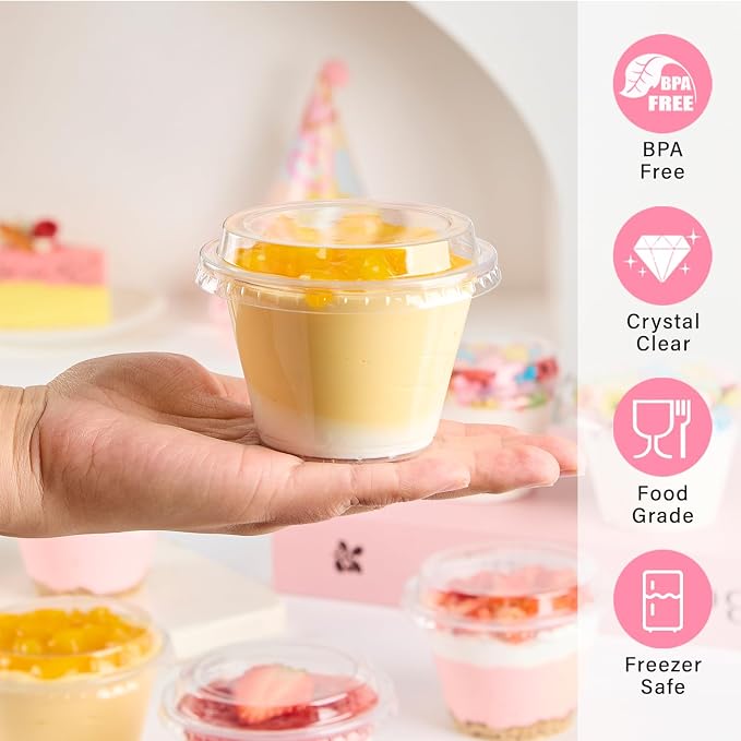 6 oz Plastic Dessert Cups with Lids, 50 Pack | Small Clear Parfait Cups, Mini Plastic Cups with Lids, for Cakes, Puddings, Fruits, Ice Creams, Dessert Shot Glasses, Bulk