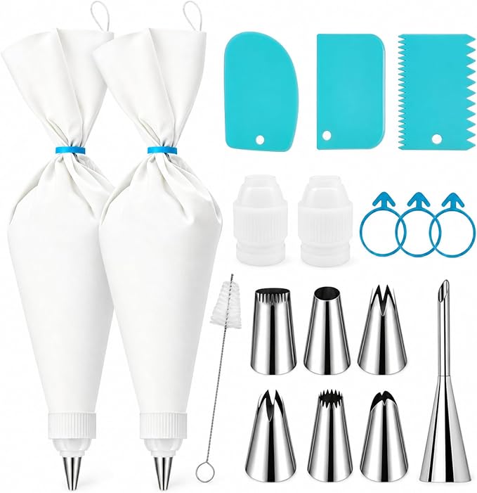 Reusable Piping Bags And Tips Set, 2 16-Inch Cotton Bags, 7 Tips | Stainless Steel Nozzles, 3 Silicone Ties, 2 Piping Tip Couplers, 3 Blue Scrapers, White Cleaning Brush, Piping Tip Guide