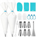 Reusable Piping Bags And Tips Set, 2 16-Inch Cotton Bags, 7 Tips | Stainless Steel Nozzles, 3 Silicone Ties, 2 Piping Tip Couplers, 3 Blue Scrapers, White Cleaning Brush, Piping Tip Guide