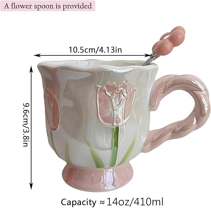 Ceramic Coffee MugEspresso Cup 14oz Pink Cute Flower withSpoon | novelty coffee mug，Glazed Ceramic Smooth Glossy Surface Lead ，Comes with Matching Spoon ，cute mugs for women