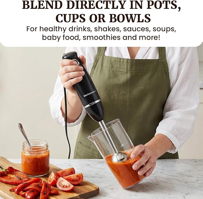 Elite Gourmet EHB1015 Immersion Hand Blender, 500W, 2-Speed, Black | Stainless steel blades, detachable wand stick mixer - great for smoothies, baby food, and soup
