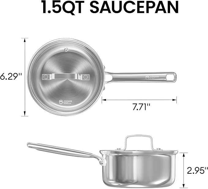 Cooker King 1.5QT Stainless Steel Saucepan with Tempered Glass Lid, Metal Utensils Safe, No Coating (PFAS/PFOA/PTFE Free), Dishwasher-Friendly, Oven-Safe Up to 900°F, Induction Ready