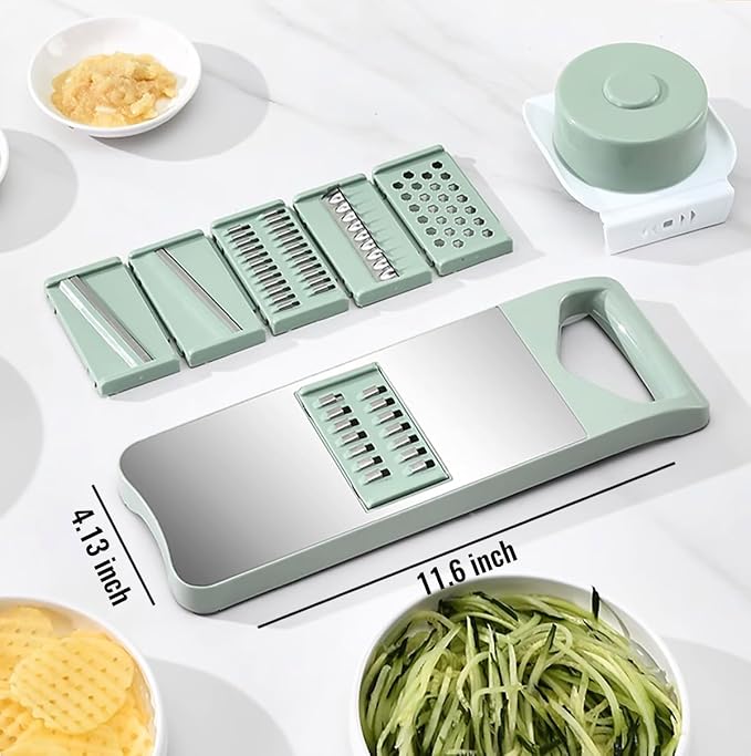 NACOLUS 5 In 1 Mandoline Slicer with Slide-On Hand Guard - Vegetable Slicer, Carrot Shredder,Safe Potato/Garlic Slicer Vegetable Cutter, Waffle Fry Cutter (Green, 5-in-1)