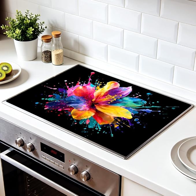 Colorful Hibiscus Watercolor Splash Stove Top Cover 28.35x20.47in | Colorful hibiscus watercolor splash stove top cover 28.35x20.47 in; floral art cooktop mat dishwasher safe machine washable