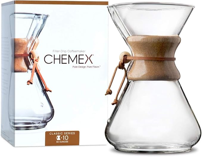 Chemex Pour-Over Glass Coffeemaker - Classic Series - 10-Cup - Exclusive Packaging | Large Manual Drip Coffee Brewer, Non-Porous Borosilicate Glass, Uses Bonded Filters