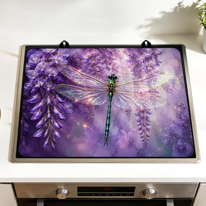Dragonfly Wisteria Stove Top Cover for Electric Gas Glass Stove | Purple dragonfly wisteria kitchen decor; non-slip stovetop cover, glass cooktop noodle board, whimsical floral counter mat