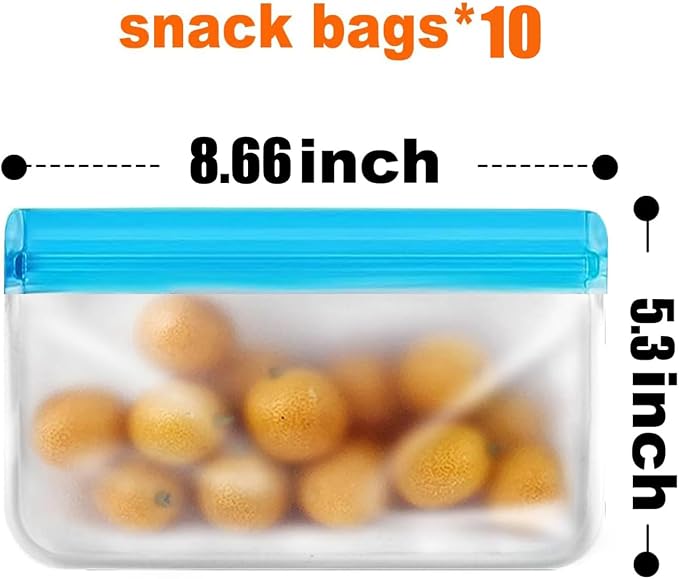 10 Pack Reusable Snack Bags, BPA Free PEVA, Small Snack Size | 10 BPA-free PEVA snack bags with double-seal zippers; dishwasher and freezer safe for lunch, travel, and meal prep.