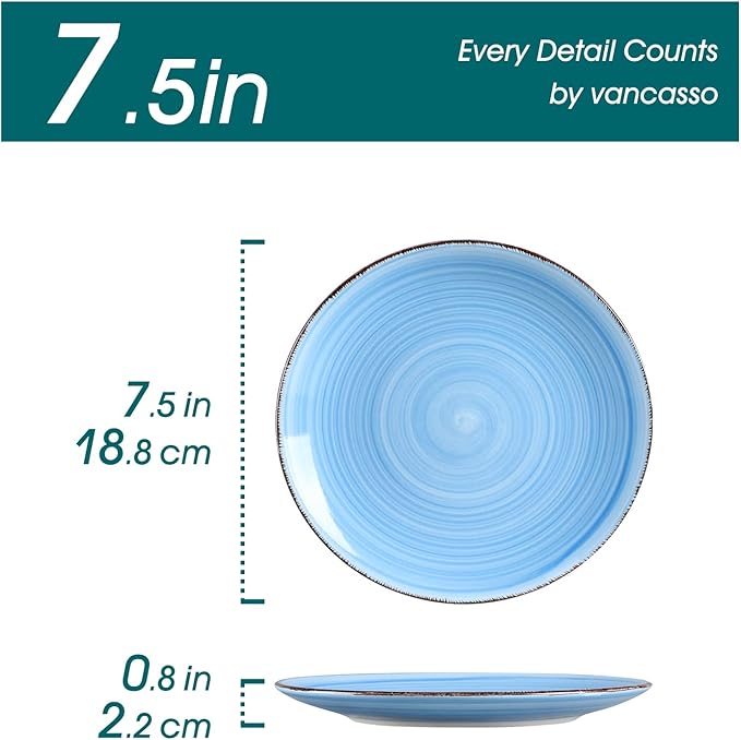 vancasso Bonita Blue Salad Plate Set of 6, 7.5 Inch Ceramic Dinner Plate, Dishwasher and Microwave Safe