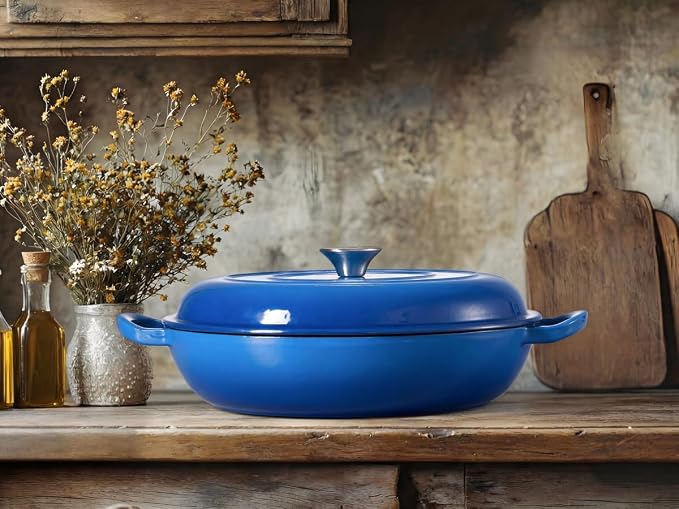 Leonyo 3.6QT Cast Iron Braiser Shallow Dutch Oven with Lid,Blue | Nonstick Enameled Cast Iron Casserole Skillet, Cast Iron Cookware Shallow Dutch Oven with Lid for All Cooktop, Oven Safe