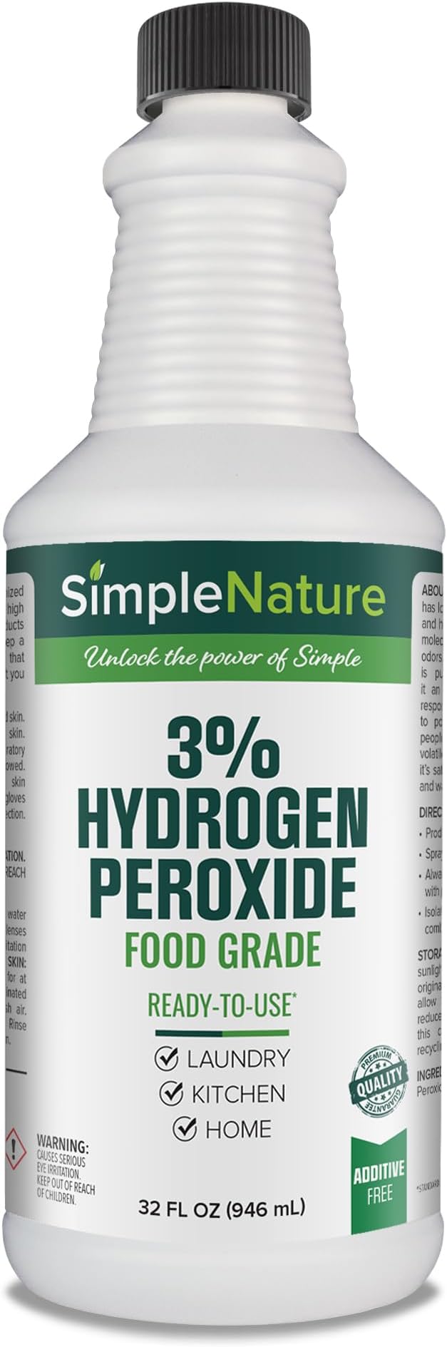 SimpleNature 3% Food Grade Hydrogen Peroxide (32 fl oz) - Natural Multipurpose Cleaner - Made in USA - Ideal for Commercial, Residential, Kitchen, Bath, Laundry, and More