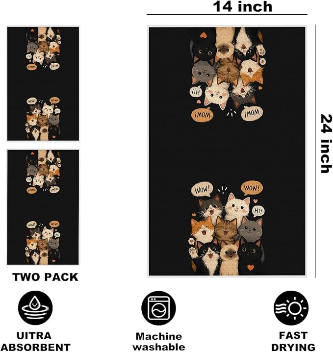 Jztco 2 Pcs Cute Cat Kitchen Towels, Cats Gift Reusable Hand Towels | Cat Dish Cloths for Drying Dishes, Cats Waffle Dish Towels for Kitchen Bathroom Decor, Cat Lover Gifts for Women Mom Grandma
