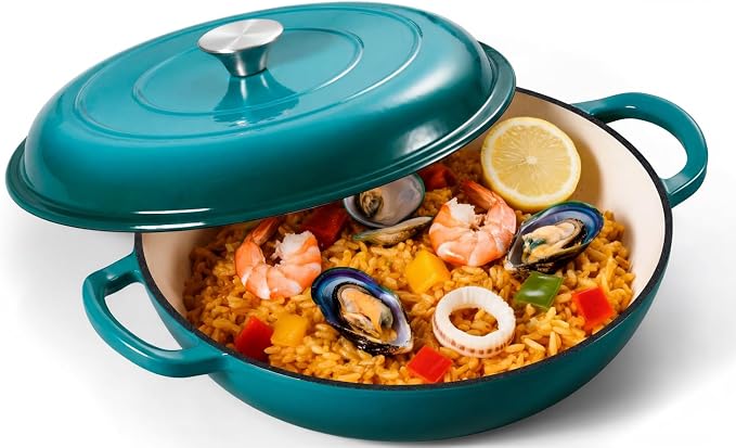 Leonyo 3.6QT Cast Iron Braiser Shallow Dutch Oven with Lid,Lake Green | Nonstick Enameled Cast Iron Casserole Skillet, Cast Iron Cookware Shallow Dutch Oven with Lid for All Cooktop, Oven Safe