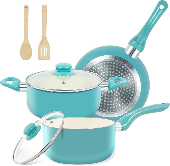 M MELENTA Pots and Pans Set 7 piece, Non Stick Teal Ceramic Cookware Set | Compact Starter Cookware, Nonstick Pots and Pans Set, Induction Cookware, Kitchen Cooking Set, PFAS & PFOA Free