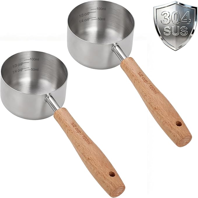 2PCS 1/2Cup(120ml) Dog Cat Food Scoop, Measuring Cup for Pets & Kitchen | 18/8(304) Stainless Steel, Long Wood Handle, Precise for Portion Control, Etched Scale, BPA Free, Dishwasher Safe