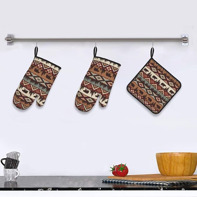 Vintage Rustic Oven Mitts and Pot Holders Sets Cabin Kitchen Decor | Set of 3 Heat Resistant Farmhouse Hot Pads Bear Mountain Oven Gloves for Kitchen Cooking BBQ Baking