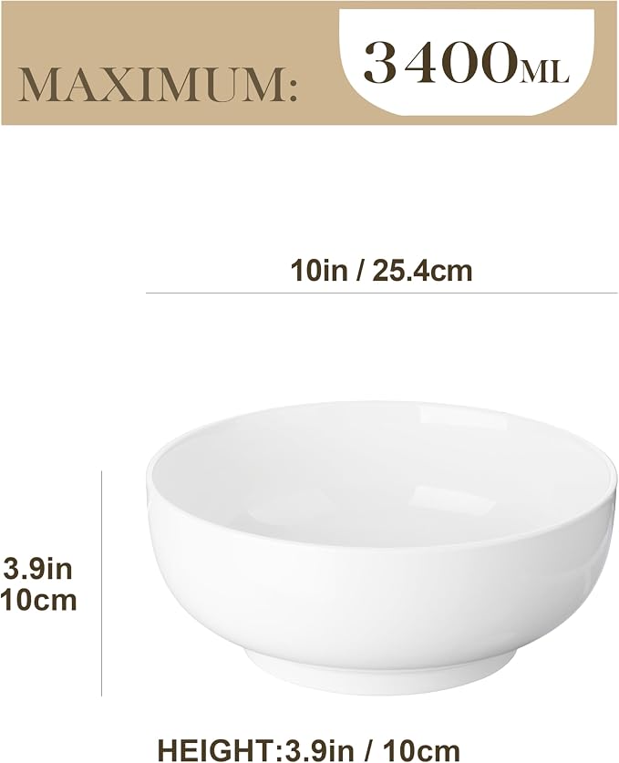 MALACASA Large Serving Bowls, 114 OZ(10") Ceramic Salad Bowls Set of 2 | White Bowls for Salad, Soup, Pasta, Dinner, Porcelain Bowls Set for Entertaining, Microwave Safe, Series REGULAR