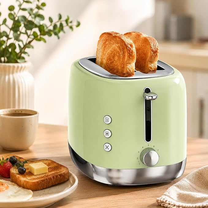 Premium 2-Slice Toaster Stainless Steel | 8 Browning Levels & 1.5" Extra-Wide Slots for Bagels | High-Lift Lever for Small Bread & English Muffins | Retro Compact Design for Modern Kitchen Counter