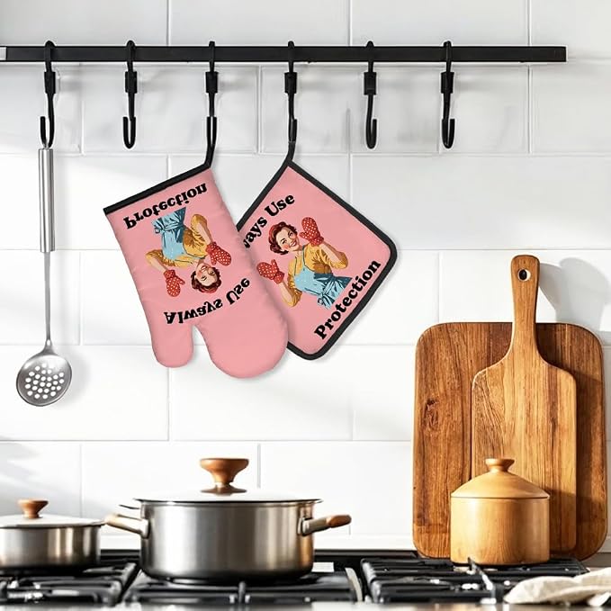 DYJYBMY Always Use Protection Funny Oven Mitts and Pot Holder Set, Retro Housewife Kitchen Gadgets for Women, Baking Gifts for Bake Lover Chef Friend, Hostess Gifts for Mom Wife Aunt Sister BFF