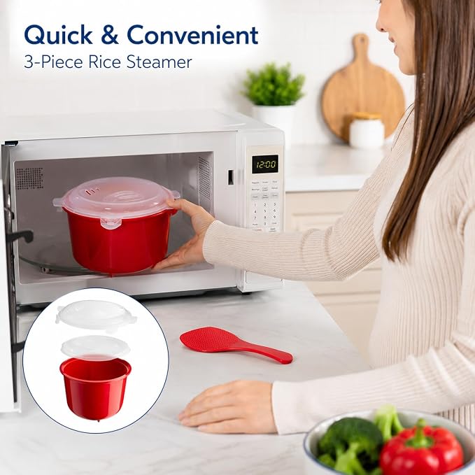 Microwave Rice Cooker with Steamer Lid and Spoon – BPA-Free 2.6L Rice Maker, Dishwasher Safe, for Basmati, Jasmine, Spanish, Indian Rice, Pasta, Ramen and Vegetables