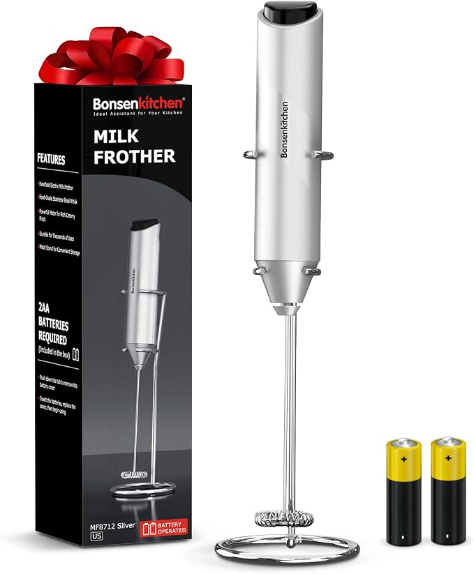 Bonsenkitchen Milk Frother with Stand for Coffee, Battery Operated Frother | Fast Handheld Drink Mixer with Stainless Steel Whisk, Powerful Hand Frother, Creates Rich Foam, Silver