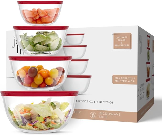 JoyJolt Kitchen Mixing Bowls - 8pc Glass with Lids Set – Neat Nesting Large Bowl Batter Cooking Storage and Big Salad BPA-Free Red