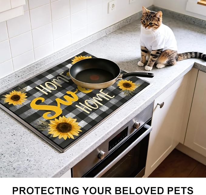 Sunflower Home Sweet Home Stove Top Cover, Buffalo Plaid, 28x20 in | Home Sweet Home sign with sunflowers on gray buffalo plaid; non-slip mat; protects glass and electric cooktops; 28x20 in